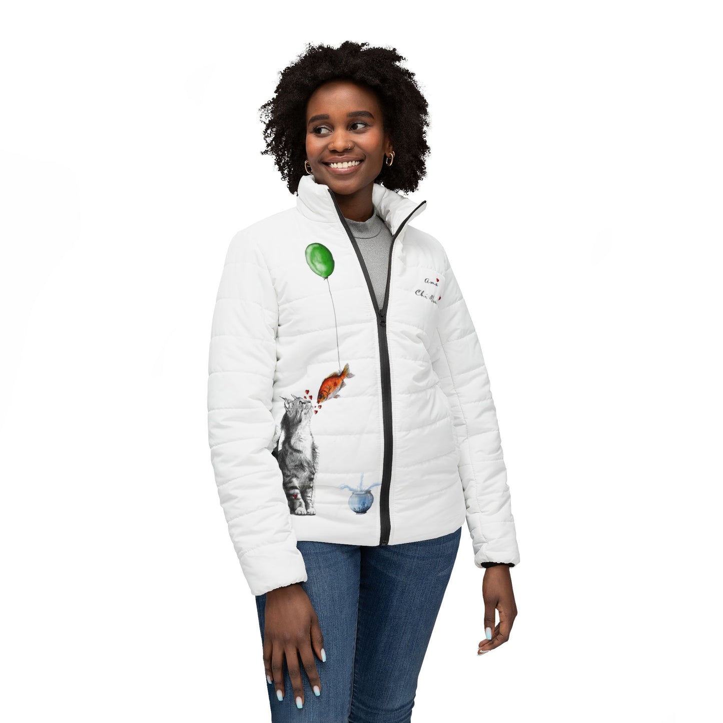 Women’s Puffer Jacket — Whimsical Cat & Balloon Art Print