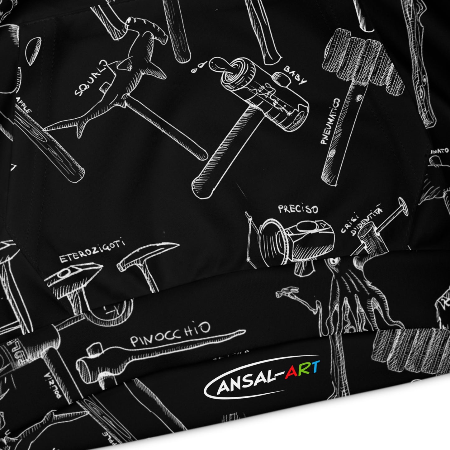 martelli Children's Hoodie — Black Allover Tool Pattern with Yellow Accents