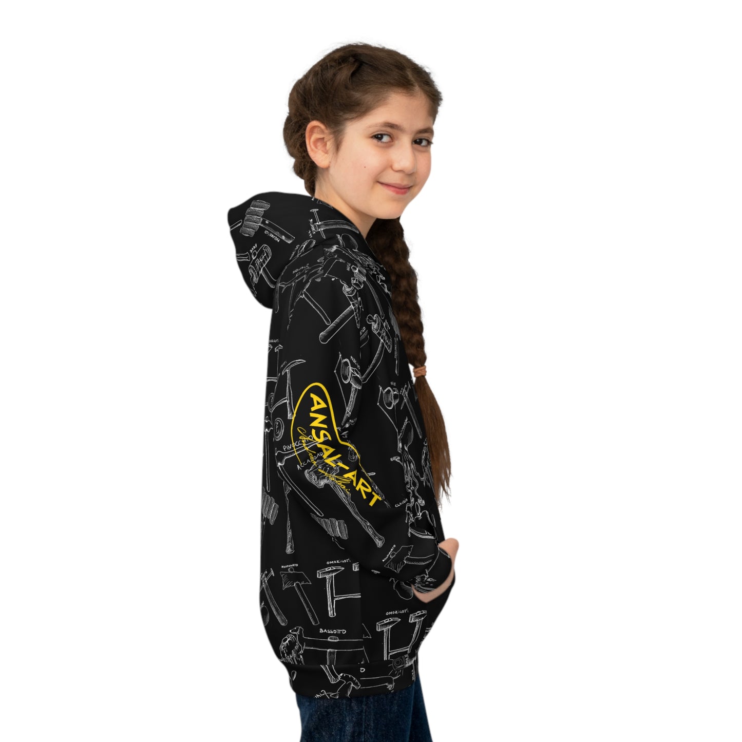 martelli Children's Hoodie — Black Allover Tool Pattern with Yellow Accents