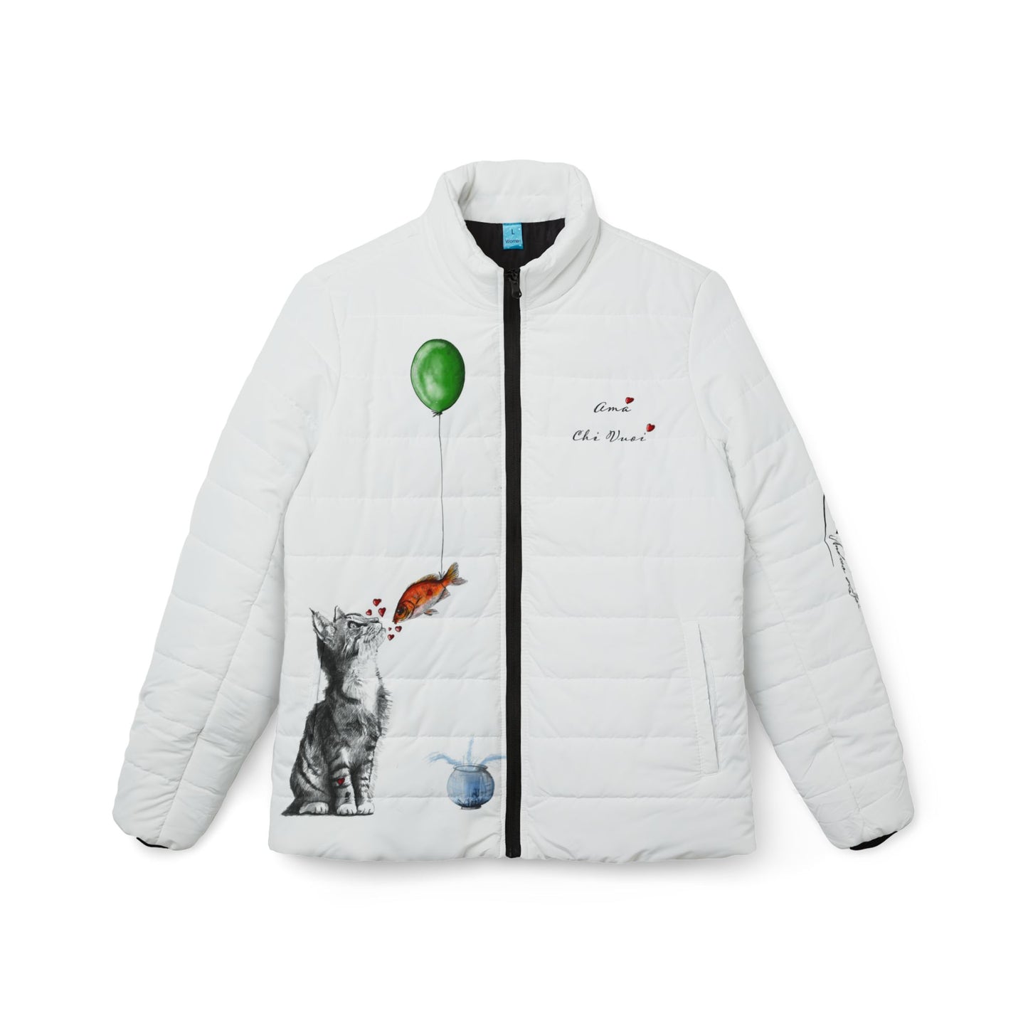 Women’s Puffer Jacket — Whimsical Cat & Balloon Art Print