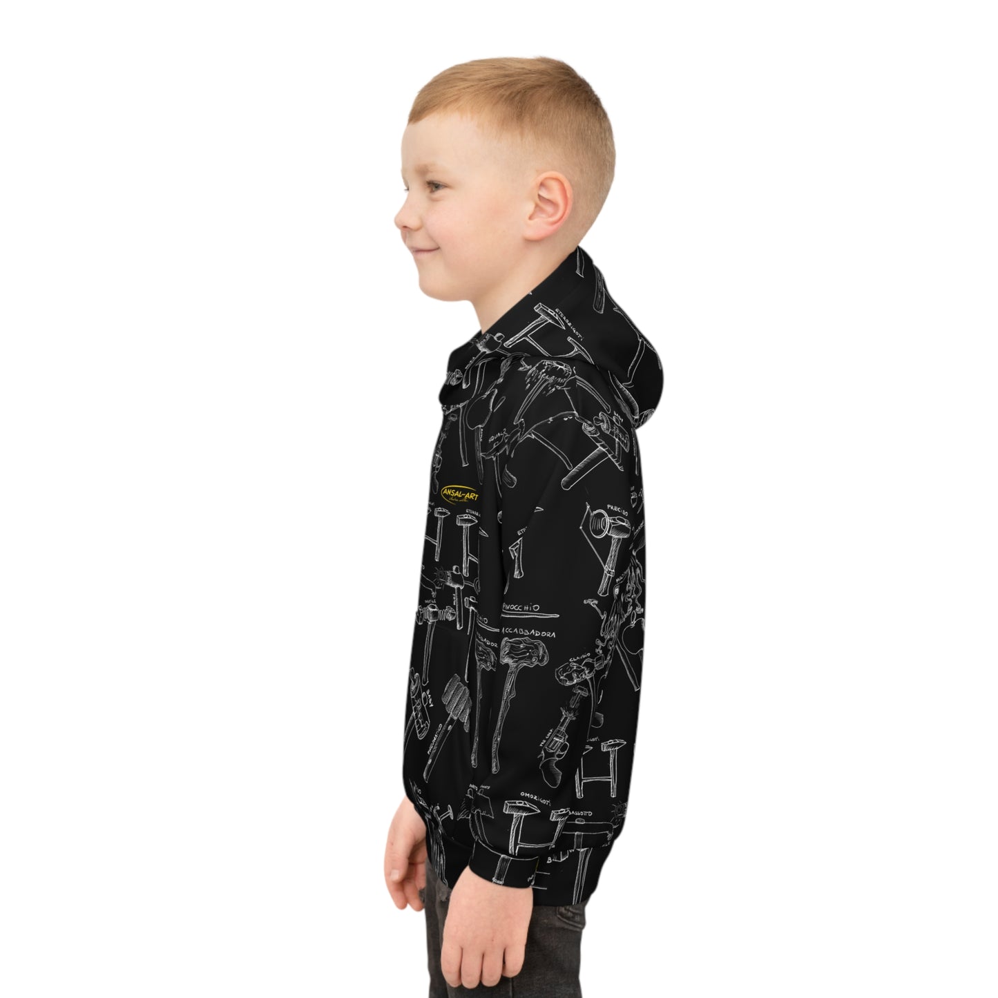 martelli Children's Hoodie — Black Allover Tool Pattern with Yellow Accents