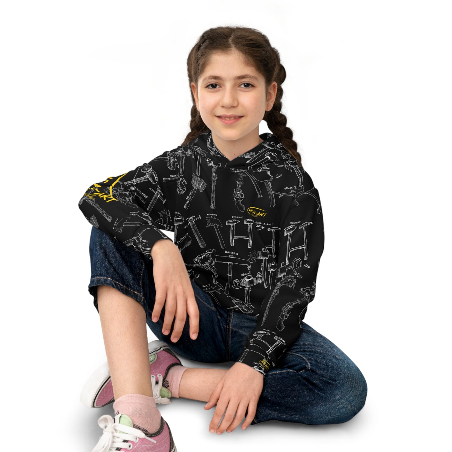 martelli Children's Hoodie — Black Allover Tool Pattern with Yellow Accents
