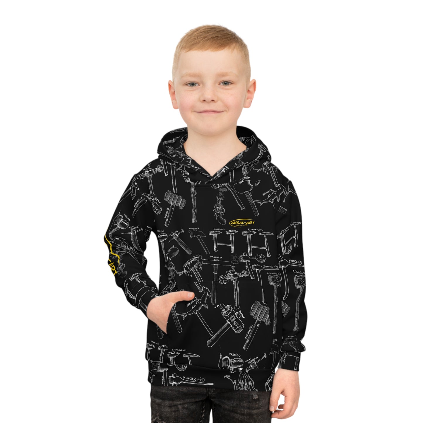 martelli Children's Hoodie — Black Allover Tool Pattern with Yellow Accents