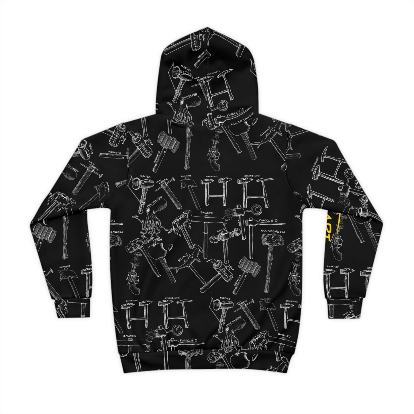 martelli Children's Hoodie — Black Allover Tool Pattern with Yellow Accents