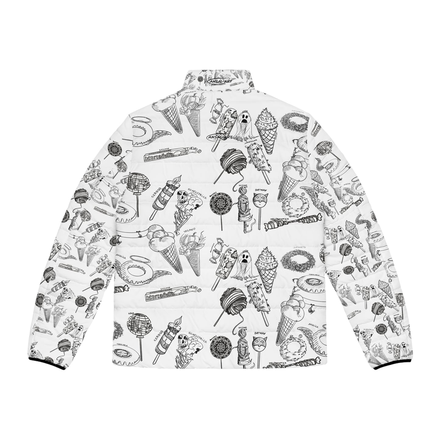 dolci--Colorful Men's Puffer Jacket, AOP Jacket for Adventurers, Artistic Winter Coat, Unique Gift for Art Lovers, Trendy Outerwear for Every [...]