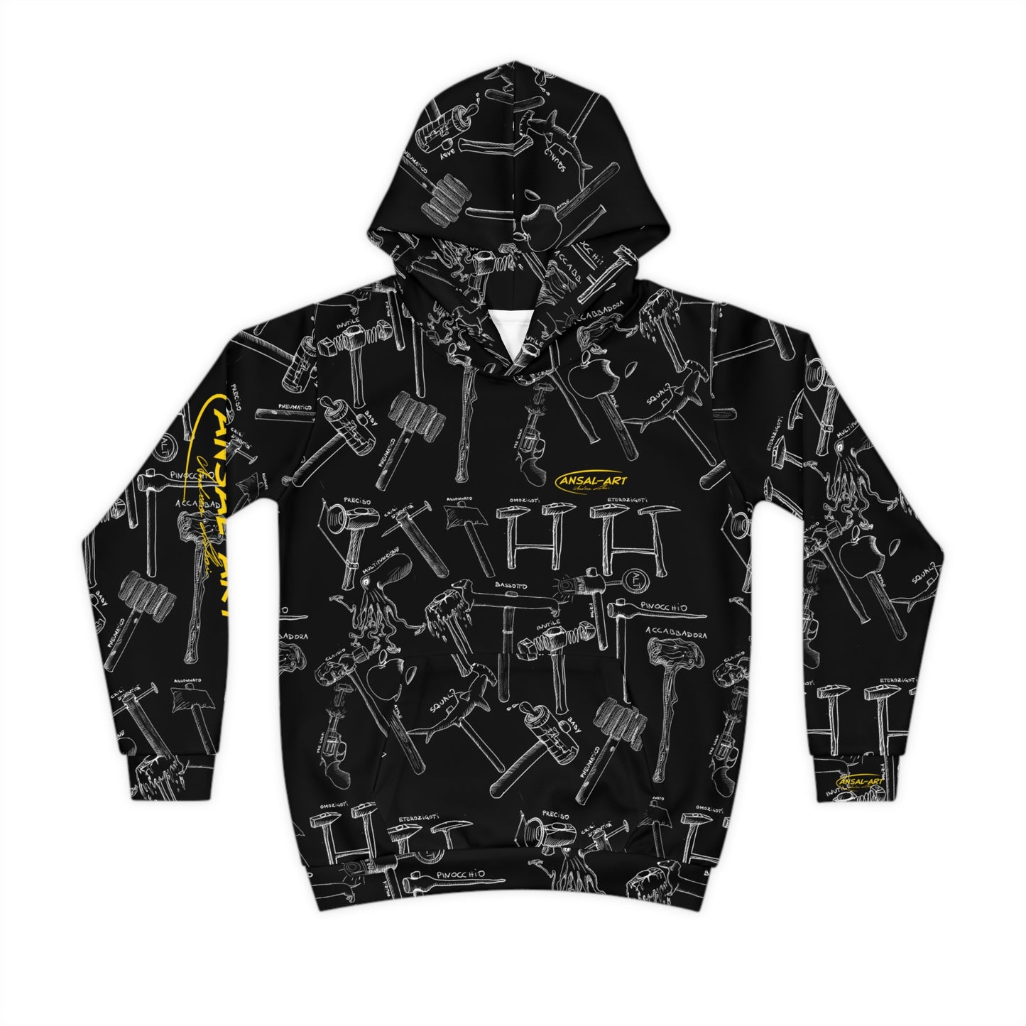 martelli Children's Hoodie — Black Allover Tool Pattern with Yellow Accents