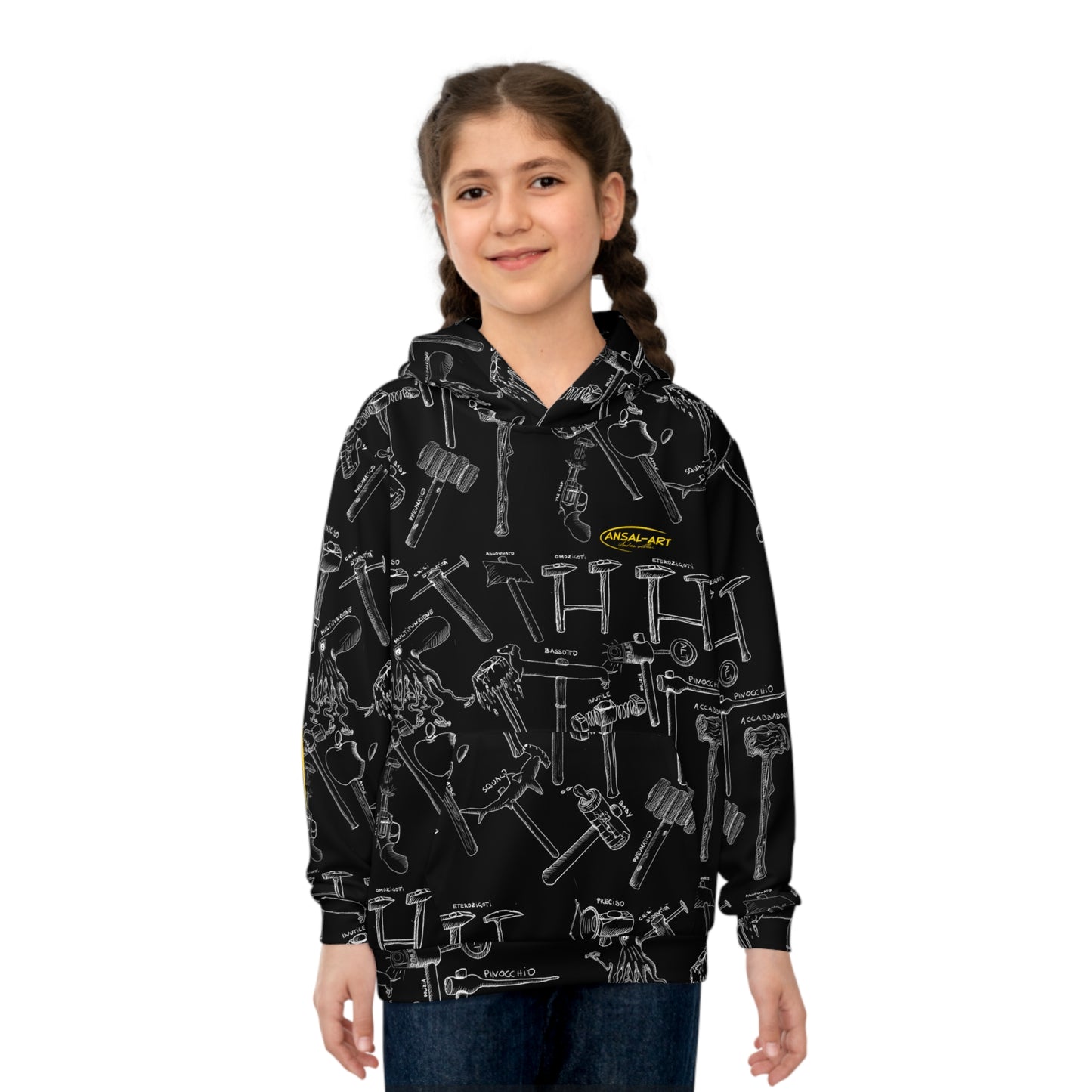 martelli Children's Hoodie — Black Allover Tool Pattern with Yellow Accents