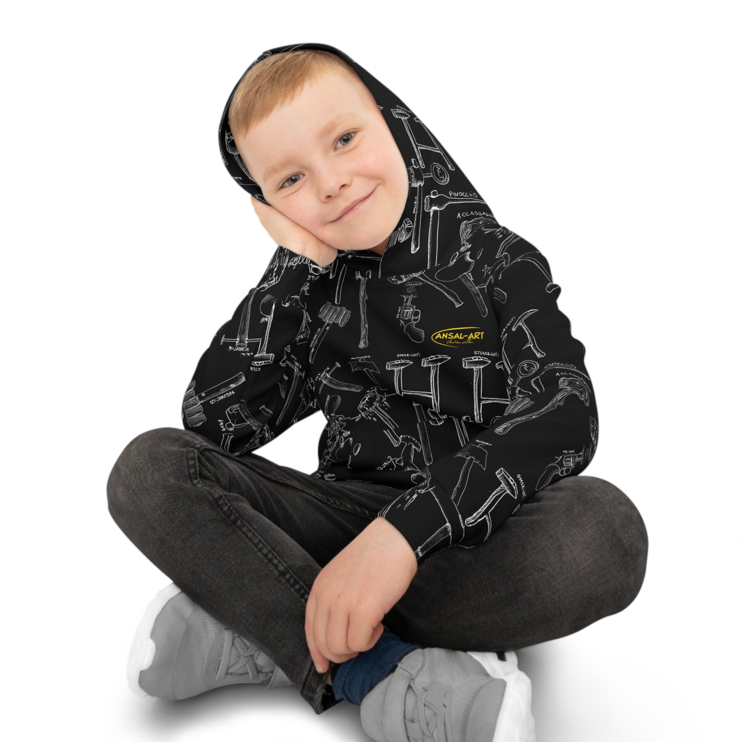 martelli Children's Hoodie — Black Allover Tool Pattern with Yellow Accents