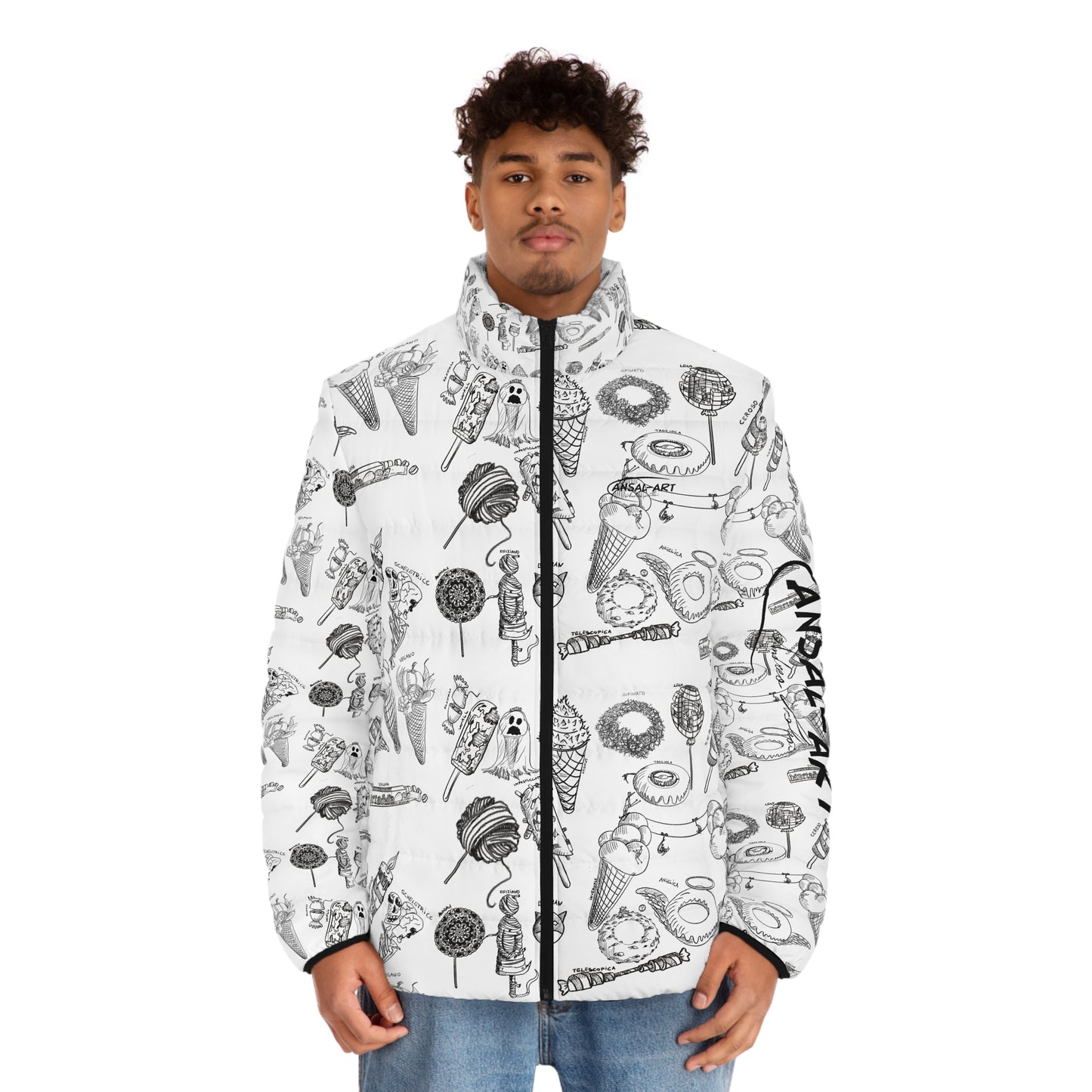 dolci--Colorful Men's Puffer Jacket, AOP Jacket for Adventurers, Artistic Winter Coat, Unique Gift for Art Lovers, Trendy Outerwear for Every [...]