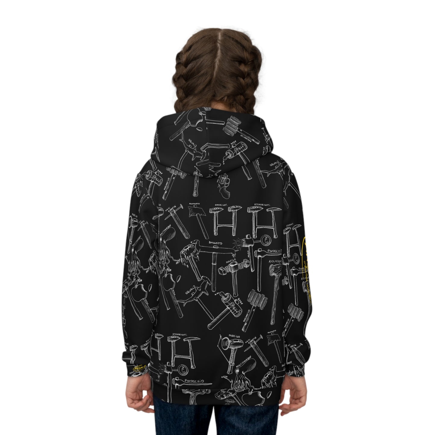 martelli Children's Hoodie — Black Allover Tool Pattern with Yellow Accents