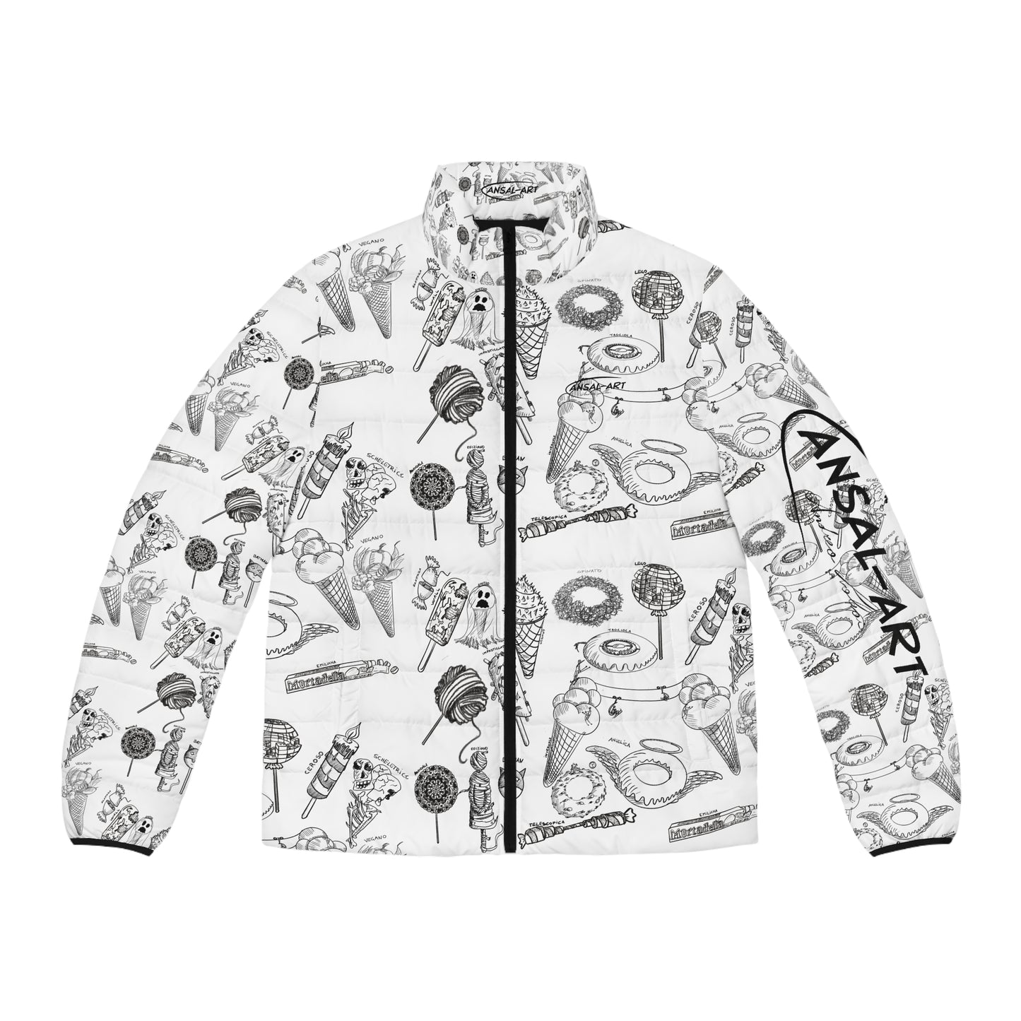 dolci--Colorful Men's Puffer Jacket, AOP Jacket for Adventurers, Artistic Winter Coat, Unique Gift for Art Lovers, Trendy Outerwear for Every [...]